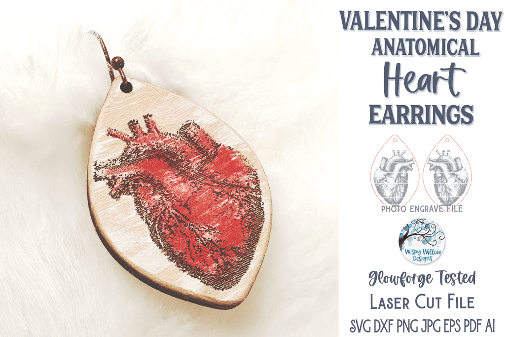 Anatomical Heart Earring SVG File for Glowforge Laser Cutter Wispy Willow Designs Company