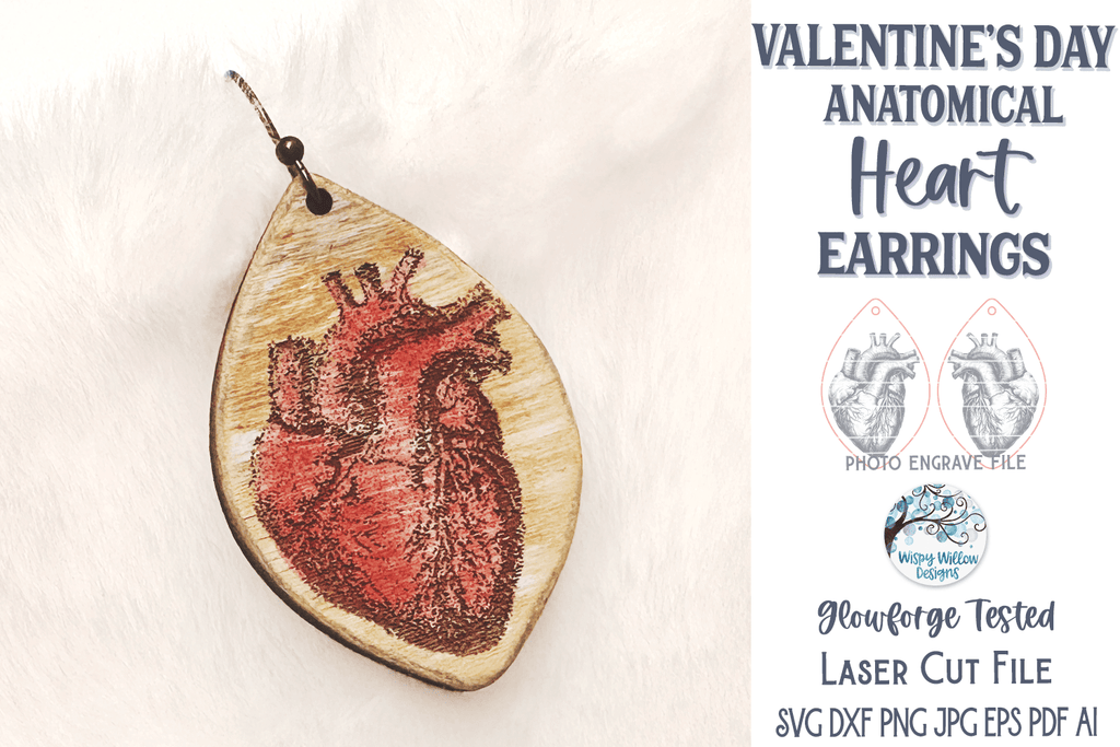 Anatomical Heart Earring SVG File for Glowforge Laser Cutter Wispy Willow Designs Company