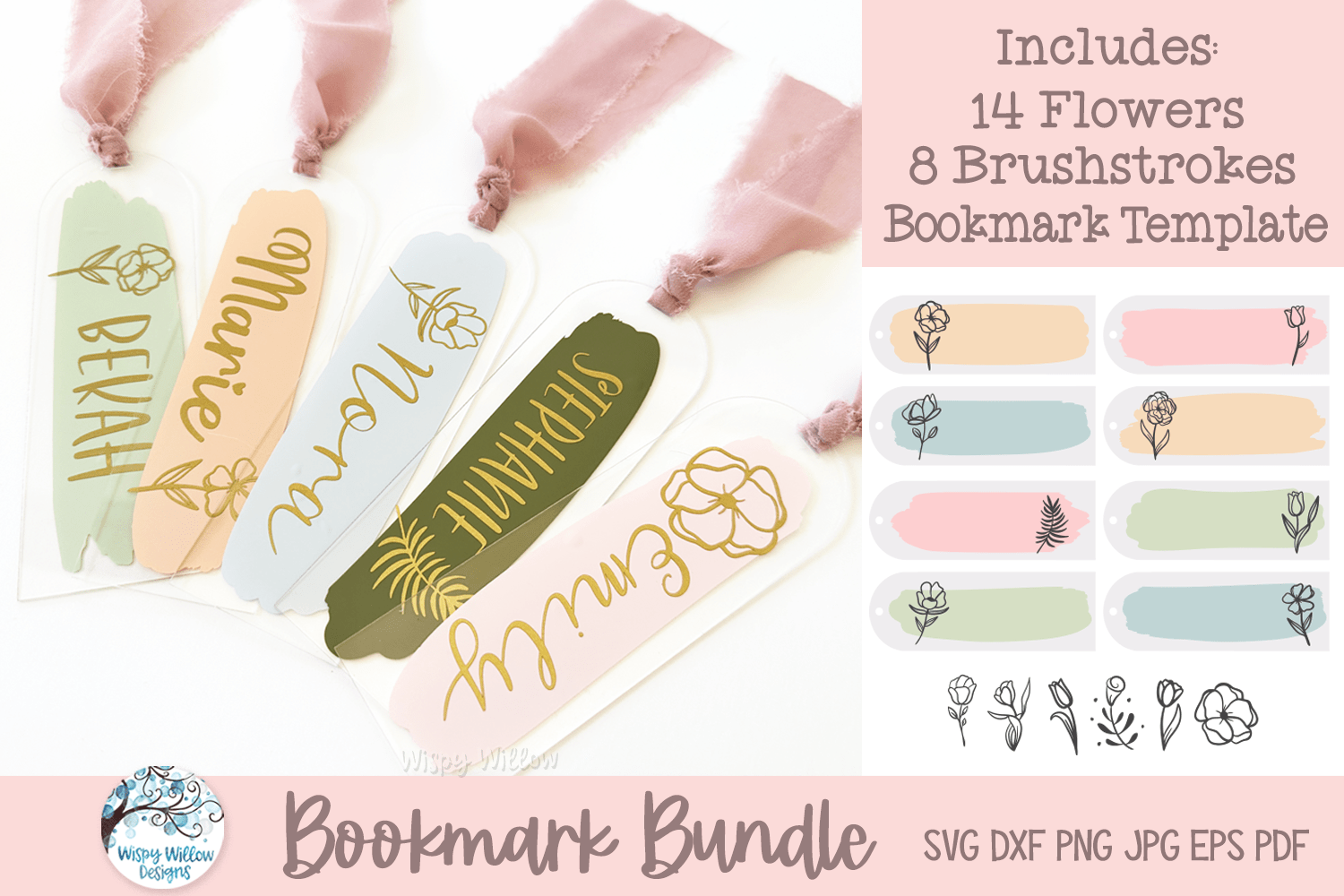 Bookmark SVG Bundle | Personalized Floral Bookmark with Paint Brushstroke Designs Wispy Willow Designs Company