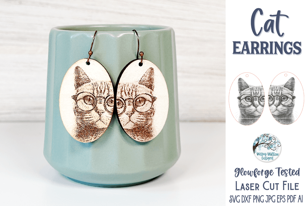 Cat with Glasses Earring File for Glowforge or Laser Cutter Wispy Willow Designs Company