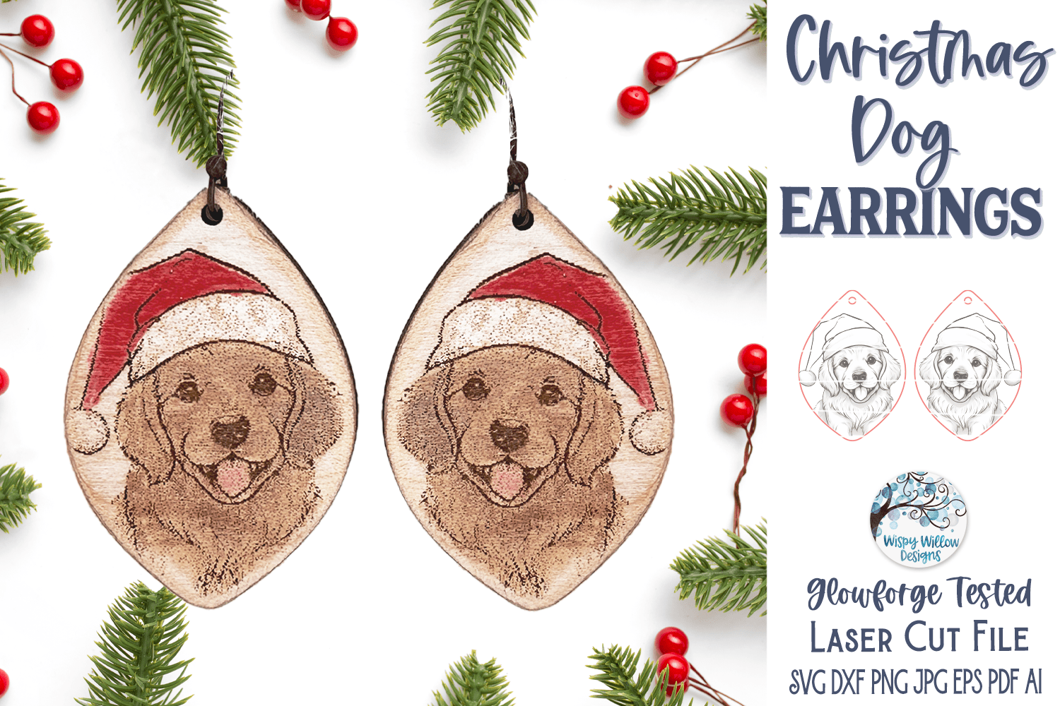 Christmas Dog Earring SVG File for Glowforge and Laser Cutter Wispy Willow Designs Company