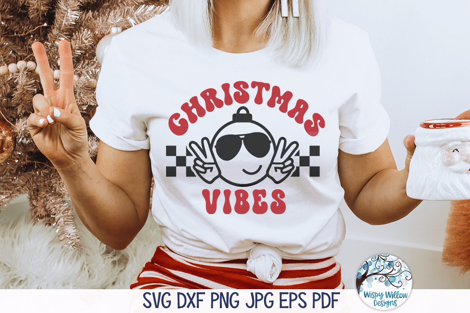 Christmas Vibes SVG | Funny Groovy Christmas Ornament with Peace Fingers Sign Wispy Willow Designs Company