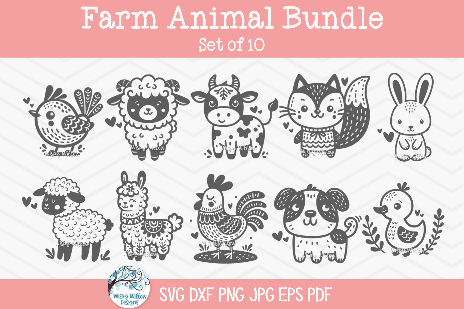 Farm Animal Bundle SVG | Baby Shower Designs - Cat, Bunny Rabbit, Duck, Chicken, Rooster, Llama, Sheep, Cow, Lamb, Dog, Goat Wispy Willow Designs Company