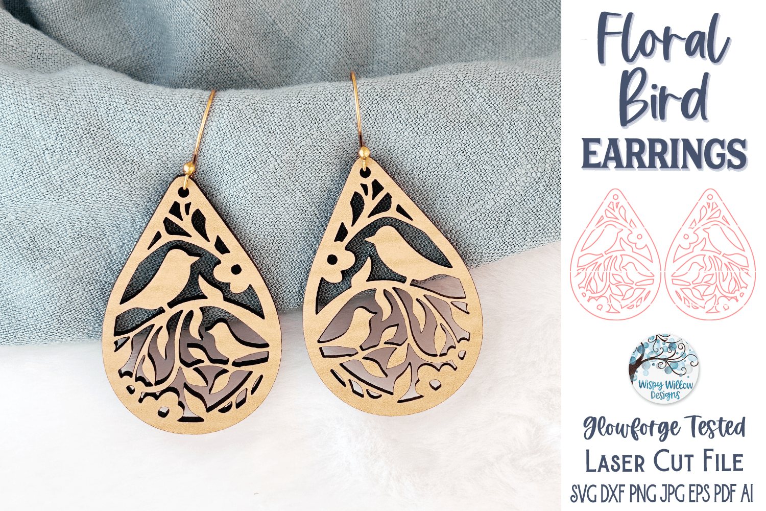 Floral Bird Earrings for Glowforge Laser SVG Wispy Willow Designs Company