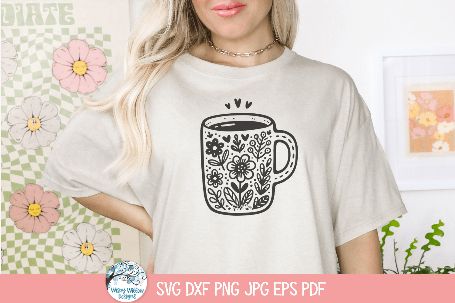 Flower Coffee Mug SVG | Whimsical Coffee Cup Illustration Wispy Willow Designs Company