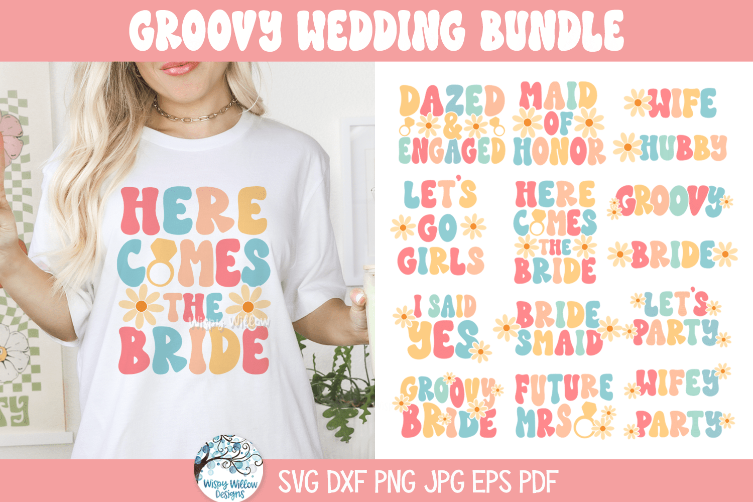 Groovy Wedding SVG Bundle | Vibrant Hippie Wedding Party Art Wispy Willow Designs Company