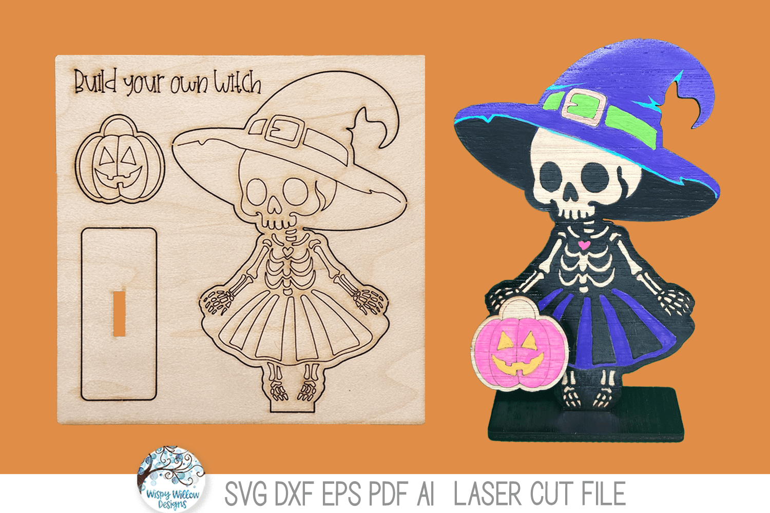 Halloween Witch Skeleton DIY Pop Out Stand Up Craft Coloring Kit - SVG