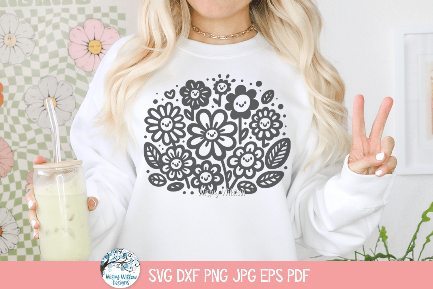 Happy Flowers SVG | Smiling Flower Sketch Shirt Wispy Willow Designs Company