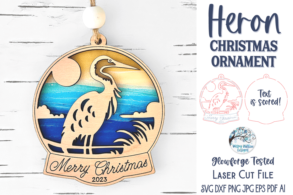 Heron Christmas Ornament for Laser Cutter or Glowforge Wispy Willow Designs Company