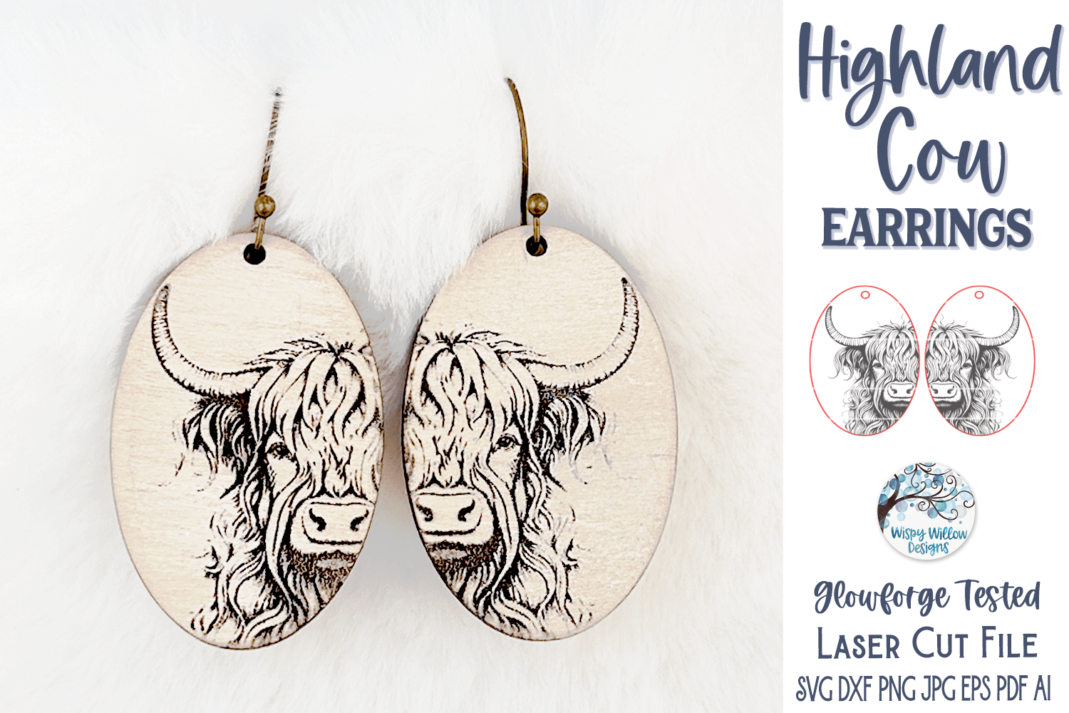 Highland Cow Earrings SVG File for Glowforge or Laser Cutter Wispy Willow Designs Company
