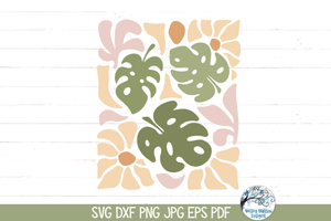 Retro Monstera Leaves with Flowers SVG Wispy Willow Designs Company