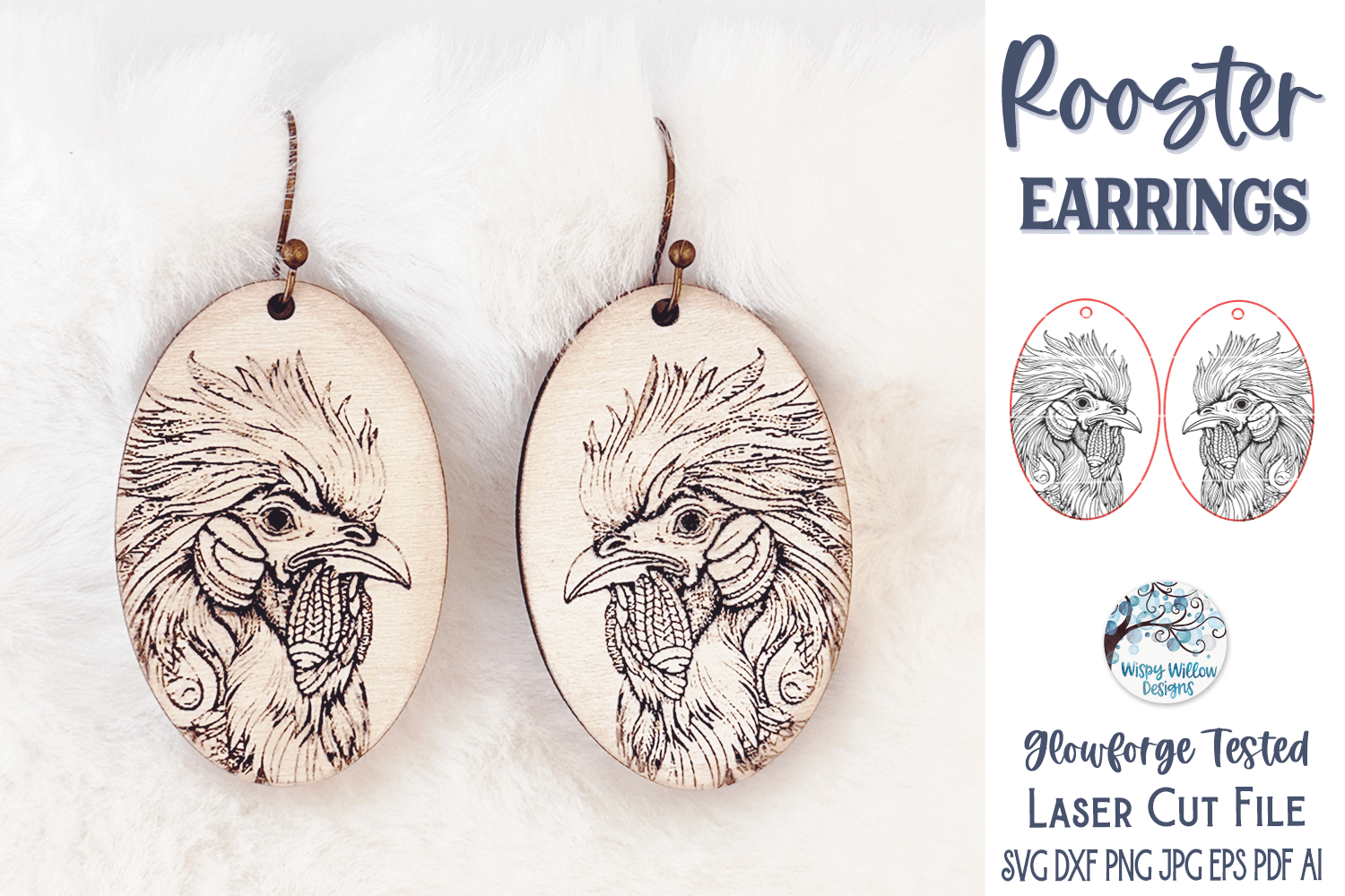 Rooster Earrings SVG File for Glowforge or Laser Cutter Wispy Willow Designs Company