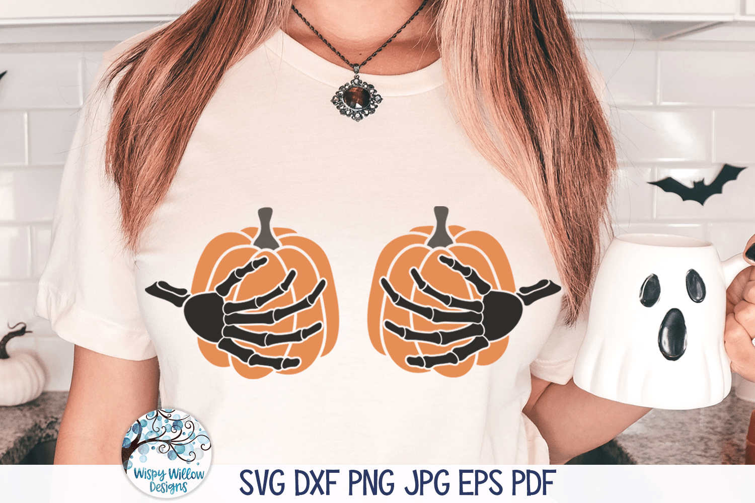 Skeleton Hands Holding Pumpkin Boobs SVG | Funny Halloween Wispy Willow Designs Company
