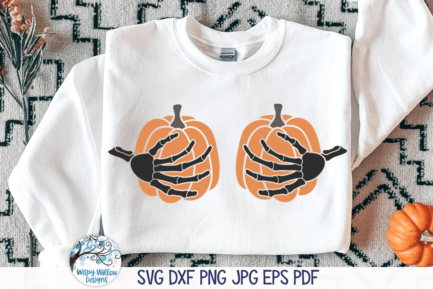 Skeleton Hands Holding Pumpkin Boobs SVG | Funny Halloween Wispy Willow Designs Company