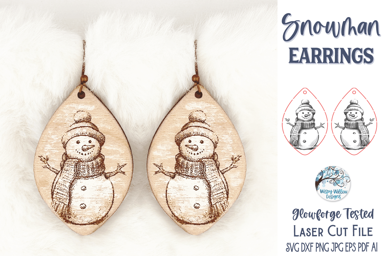 Snowman Earring SVG File for Glowforge and Laser Cutter Wispy Willow Designs Company