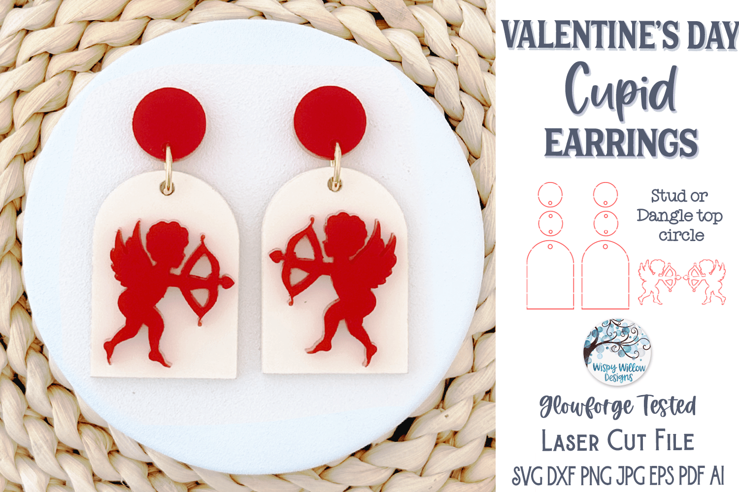 Valentine's Day Cupid Earring SVG for Glowforge Laser Cutter Wispy Willow Designs Company