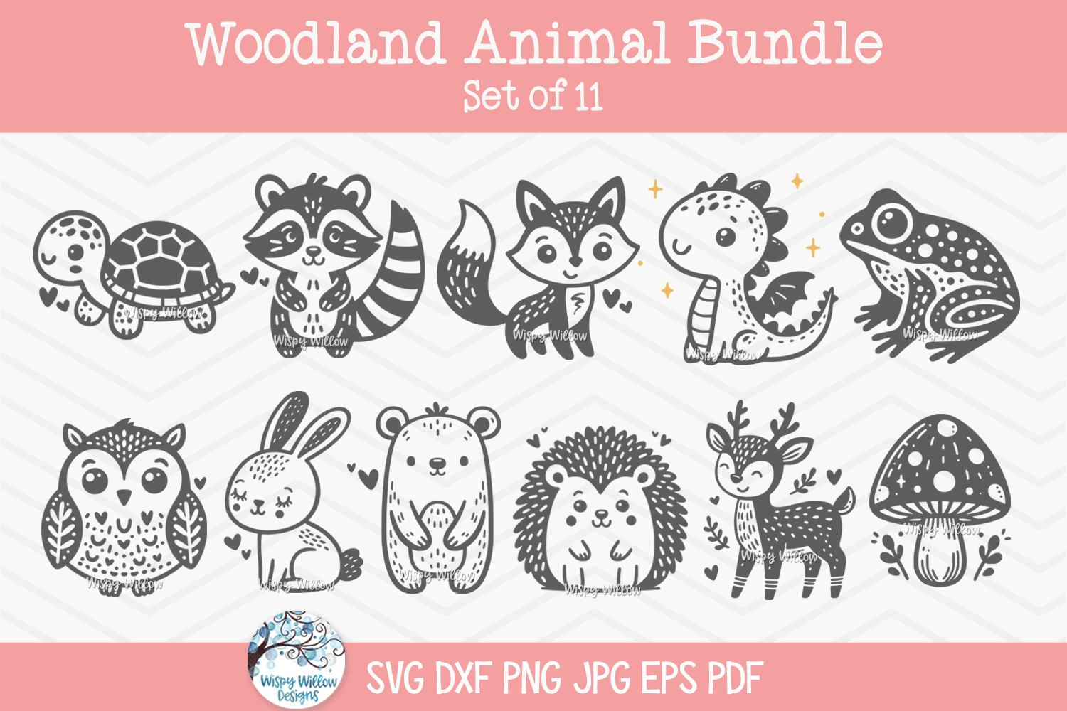 Woodland Animal Bundle SVG | Baby Shower Woodland Animal Designs - Turtle, Raccoon, Fox, Dragon, Frog, Owl, Bunny Rabbit, Bear, Hedgehog, Deer Wispy Willow Designs Company