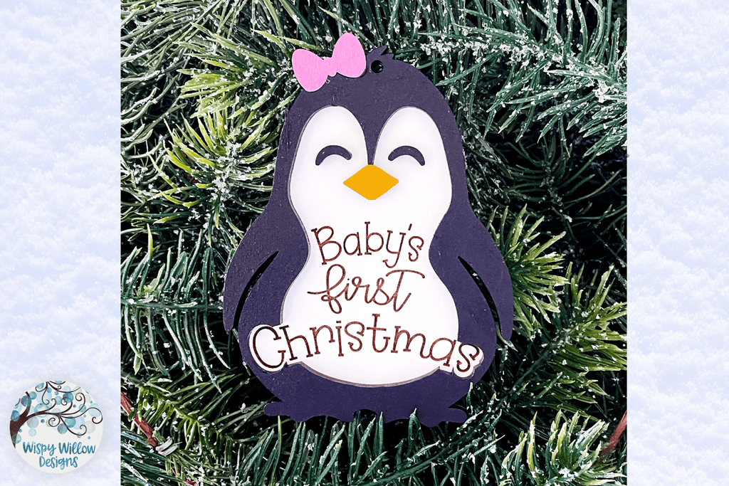 Baby's First Christmas Ornament for Glowforge or Laser Cutter | Penguin Ornament Wispy Willow Designs Company