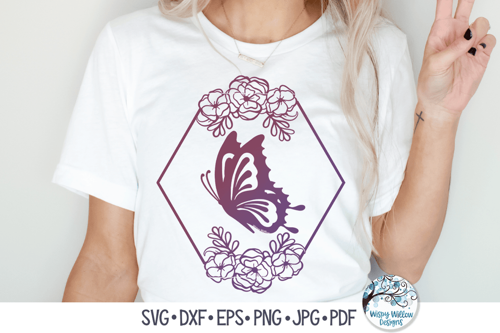 Butterfly and Flowers Hexagon Frame SVG Wispy Willow Designs Company