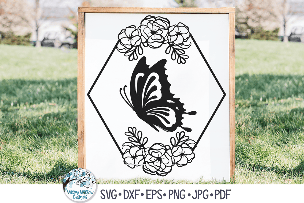 Butterfly and Flowers Hexagon Frame SVG Wispy Willow Designs Company