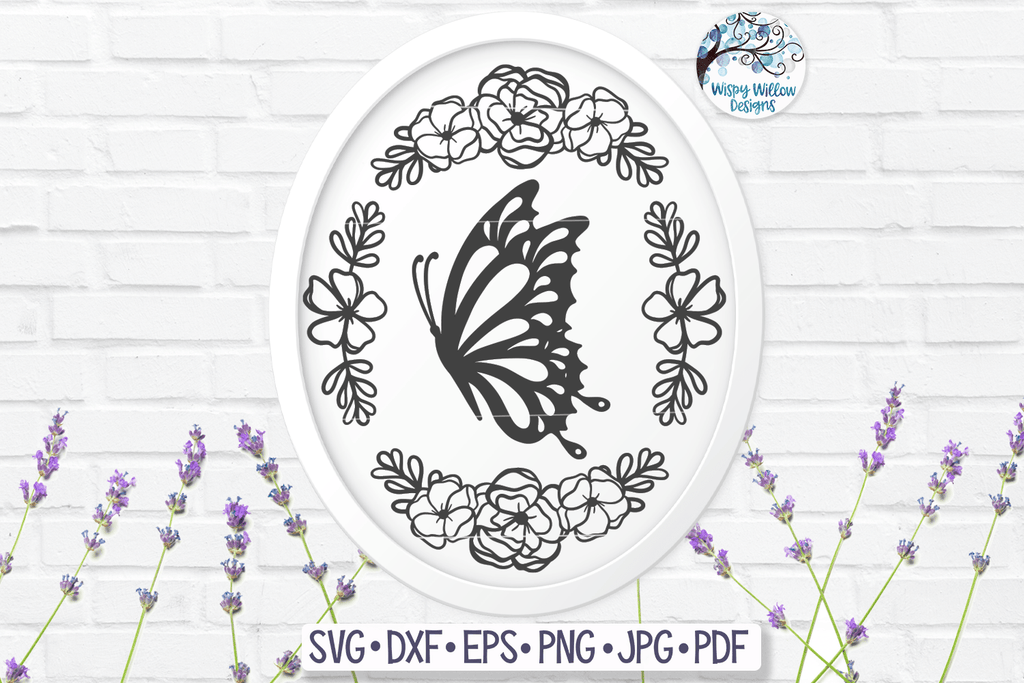 Butterfly and Flowers Oval Frame SVG Wispy Willow Designs Company