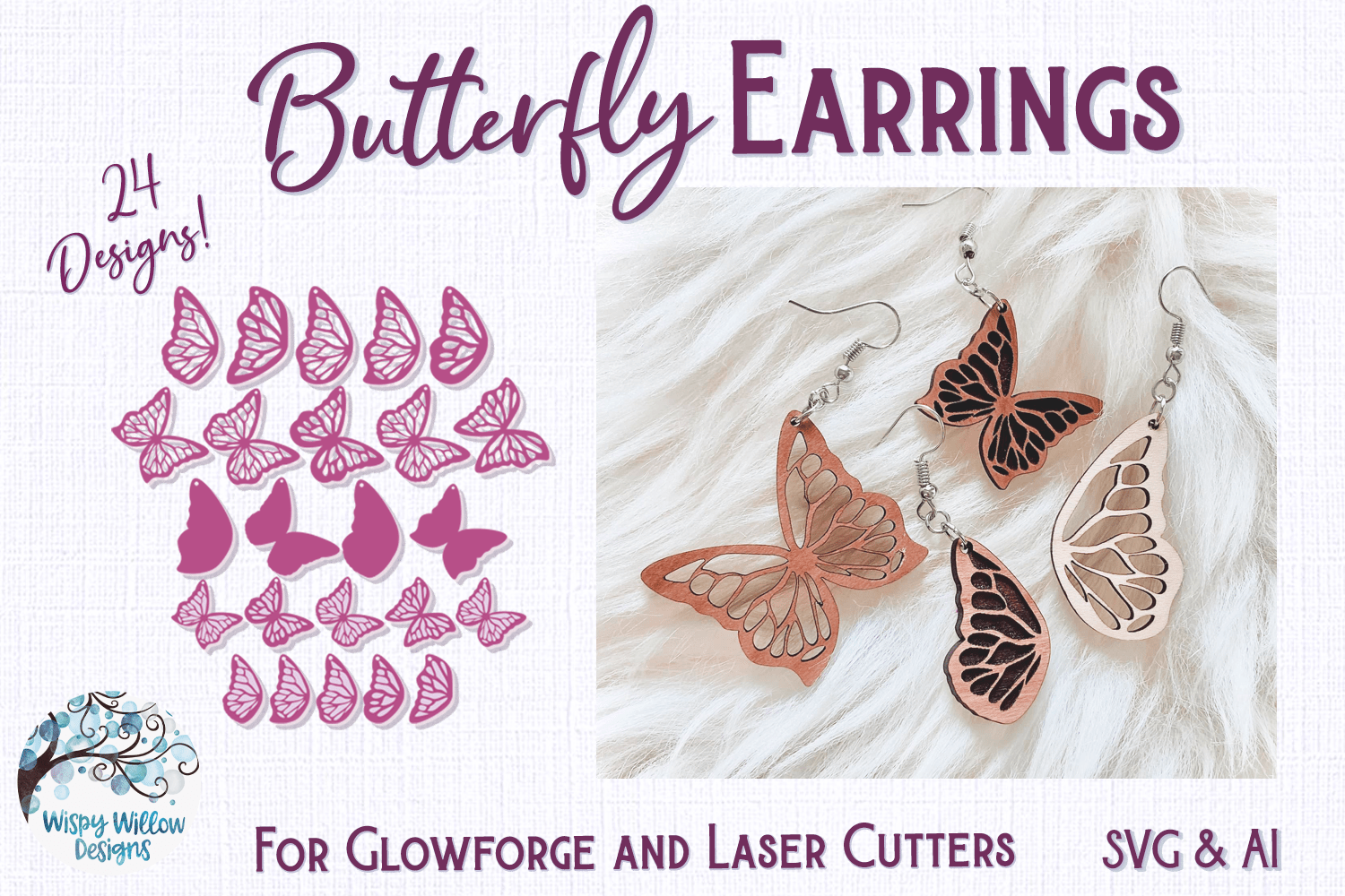 Butterfly Earrings for Glowforge or Laser Cutter Wispy Willow Designs Company