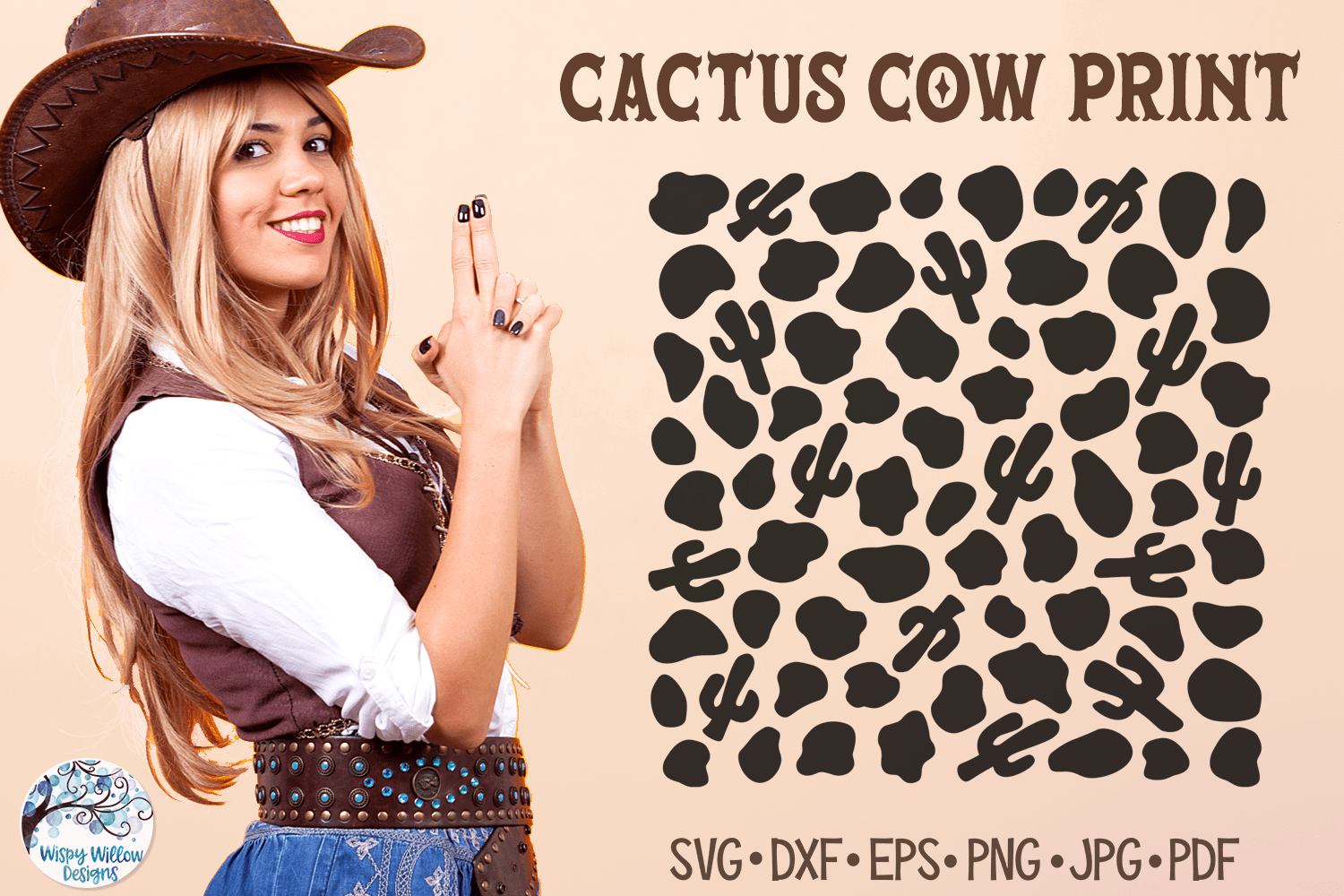 Cactus Cow Print SVG | Western Animal Pattern Wispy Willow Designs Company