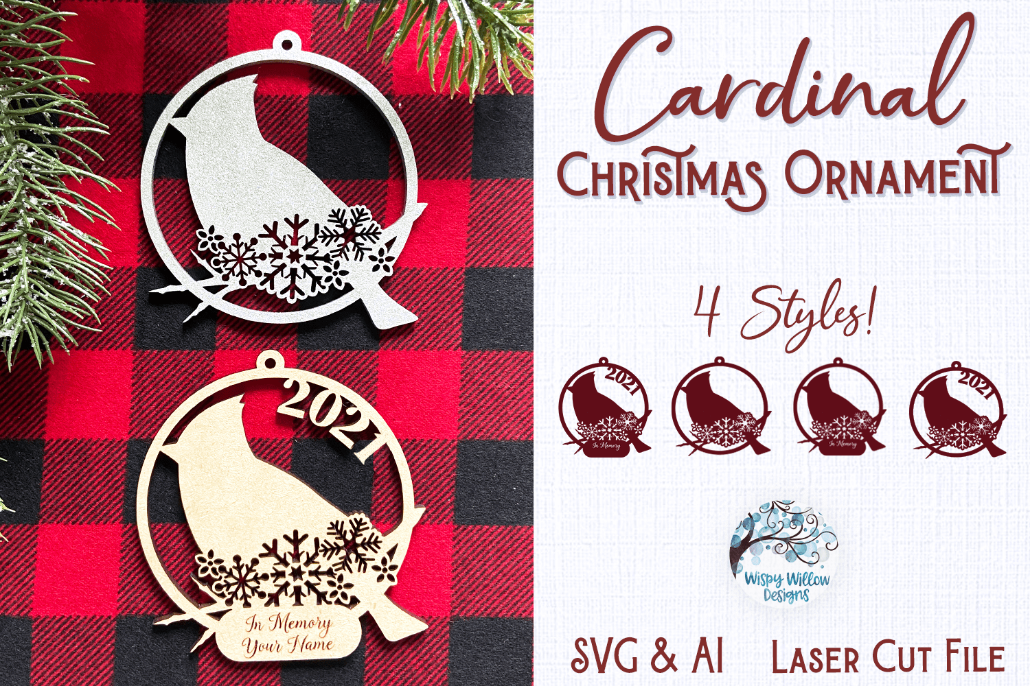 Cardinal Christmas Ornament for Glowforge or Laser Cutter Wispy Willow Designs Company