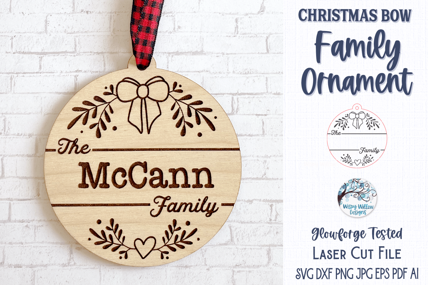 Christmas Bow Family Ornament for Glowforge or Laser Cutter Wispy Willow Designs Company