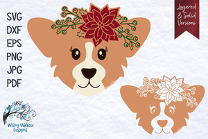 Christmas Corgi Dog with Flowers SVG Wispy Willow Designs Company