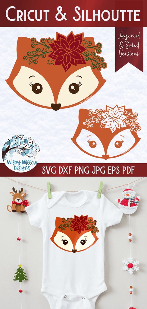 Christmas Fox with Flowers SVG Wispy Willow Designs Company