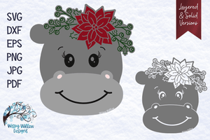 Christmas Hippo with Flowers SVG Wispy Willow Designs Company