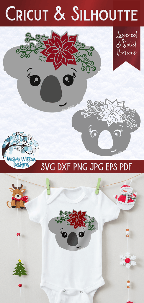 Christmas Koala with Flowers SVG Wispy Willow Designs Company