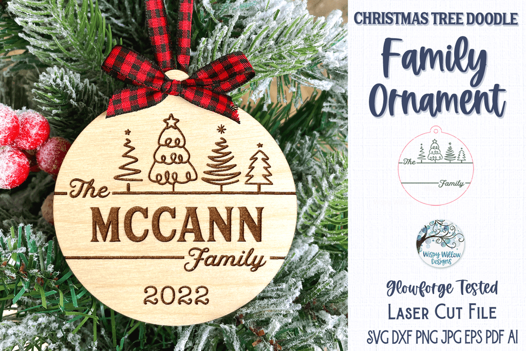 Christmas Tree Doodle Family Ornament for Glowforge or Laser Cutter Wispy Willow Designs Company