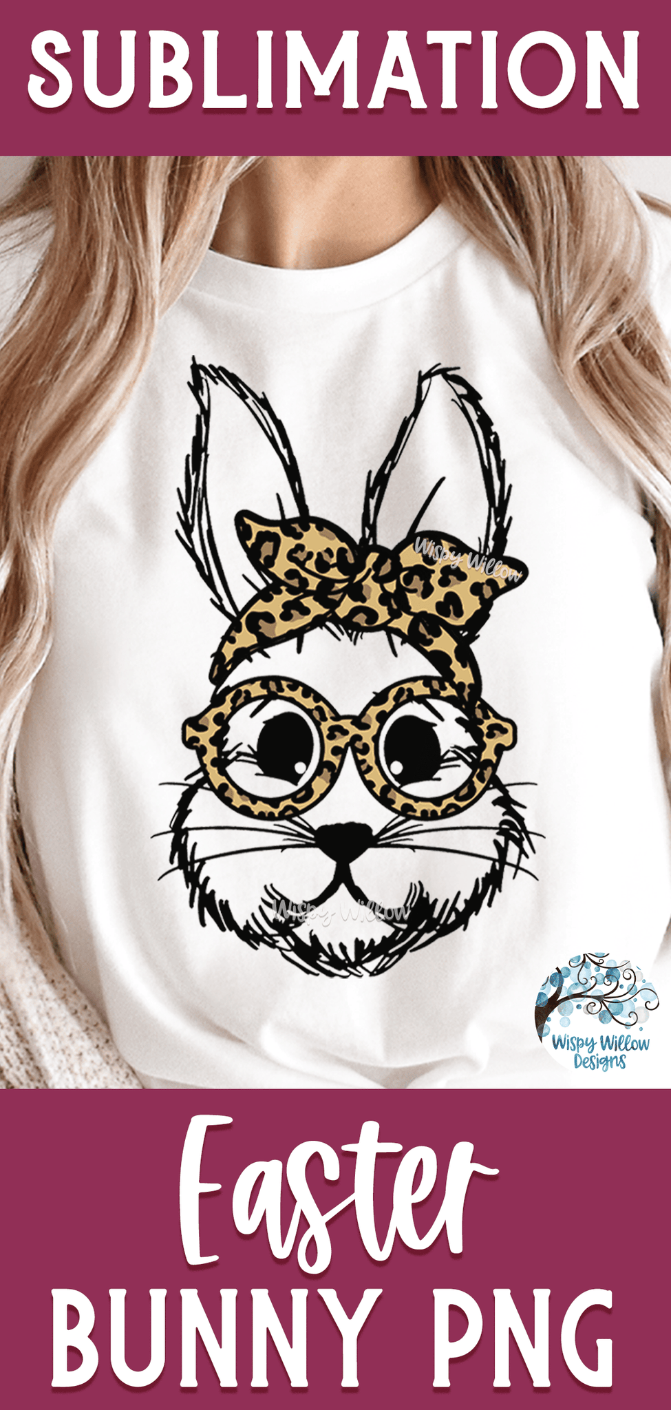 Easter Bunny with Leopard Glasses and Bandana PNG Sublimation Wispy Willow Designs Company