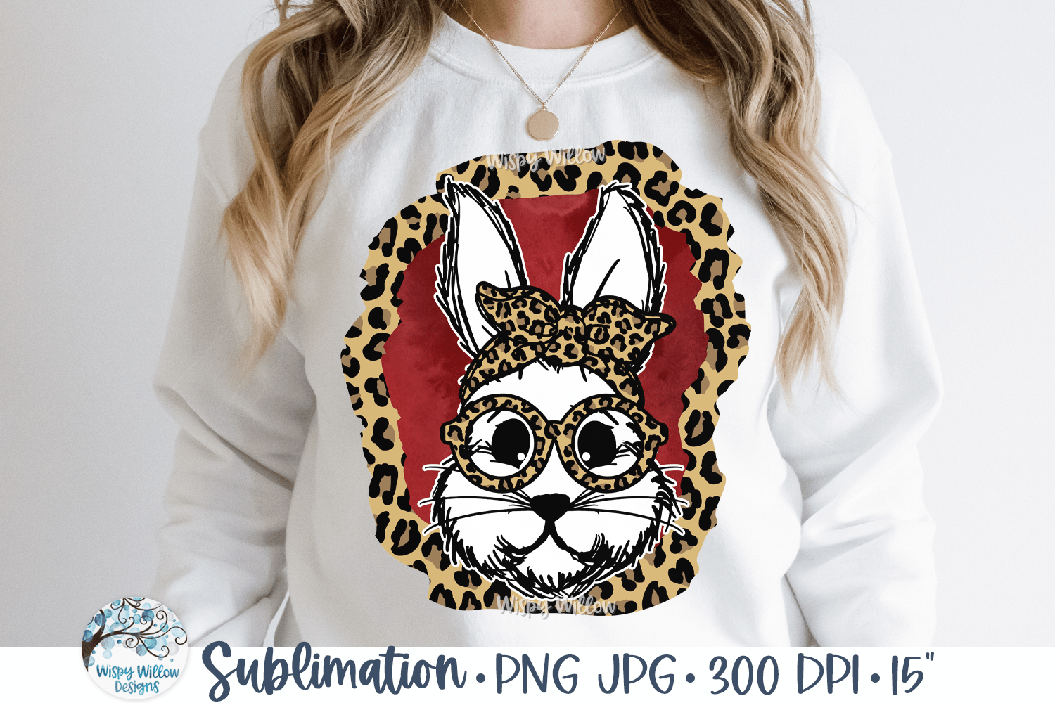 Easter Bunny with Leopard Print Glasses and Bandana PNG JPG Wispy Willow Designs Company