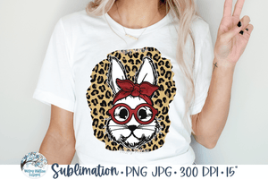 Easter Bunny with Red Glasses & Bandana on Leopard Print Sublimation PNG Wispy Willow Designs Company