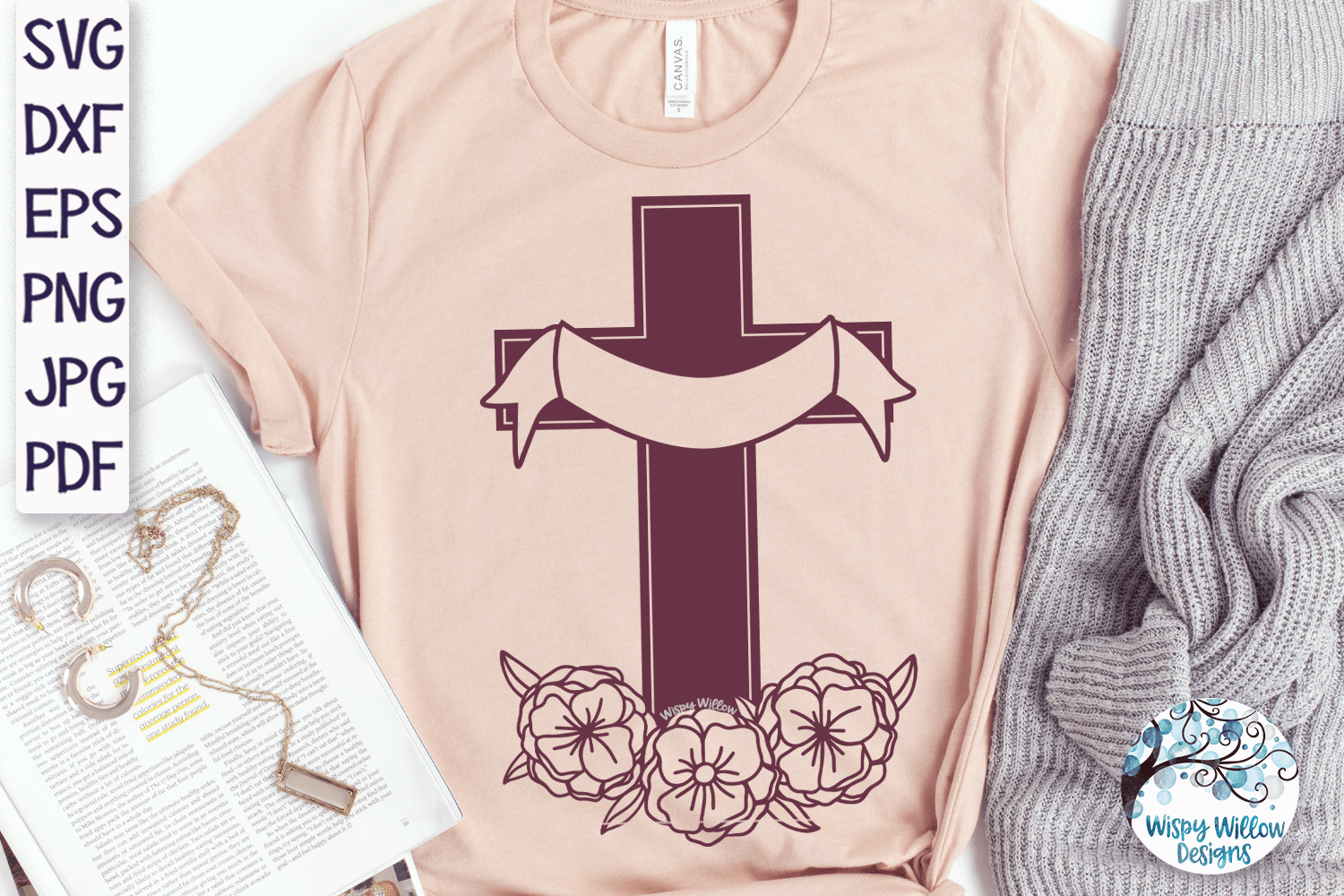 Floral Cross with Draped Ribbon SVG Wispy Willow Designs Company