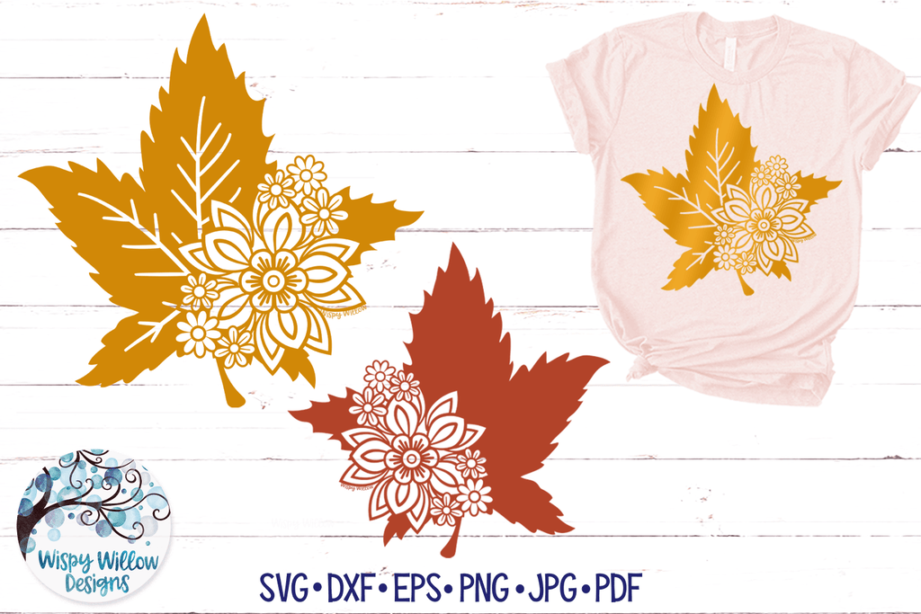 Floral Fall Leaves SVG | Maple Leaves with Flowers SVG Wispy Willow Designs Company