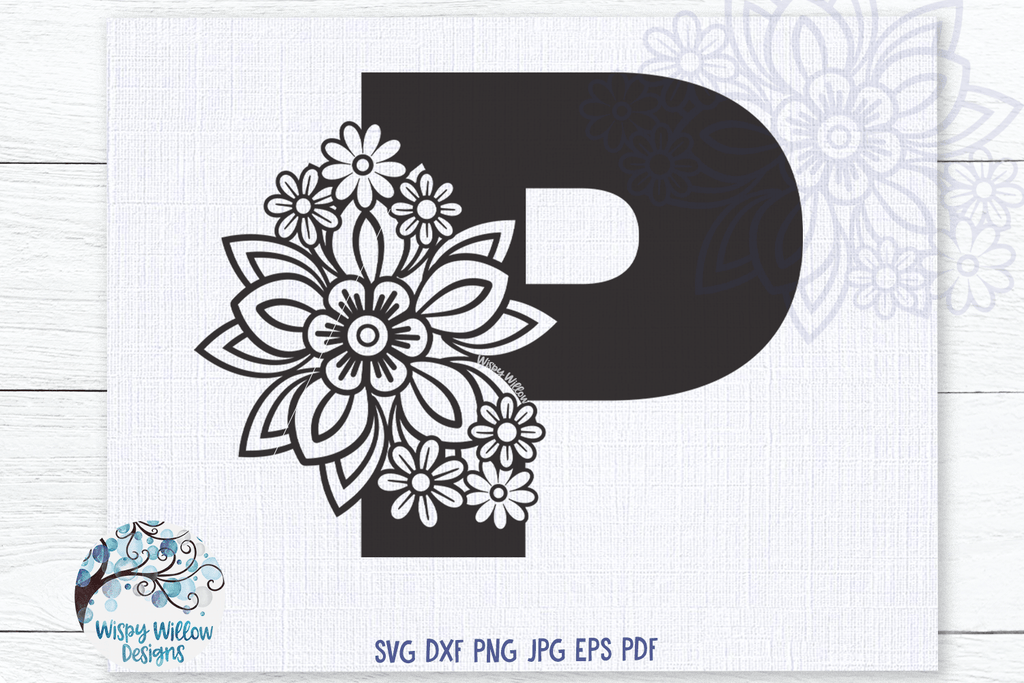 Floral Letter P SVG Wispy Willow Designs Company