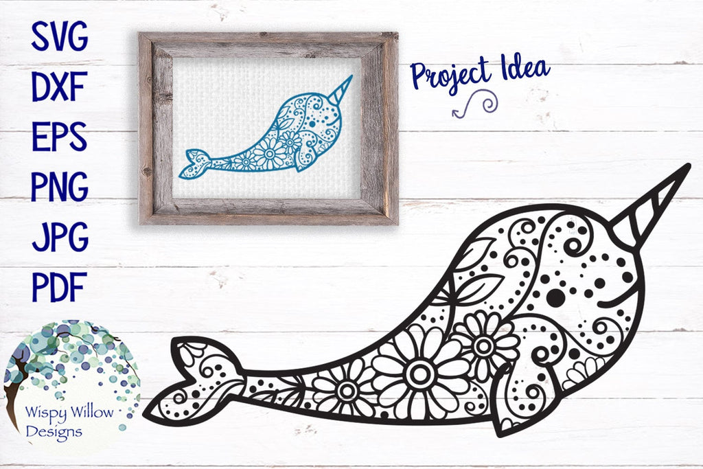 Floral Narwhal SVG Wispy Willow Designs Company