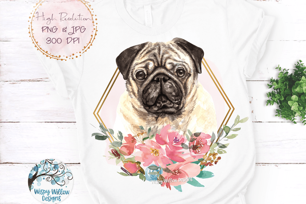 Floral Pug Dog Sublimation PNG Wispy Willow Designs Company