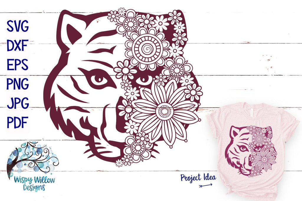 Floral Tiger Face Zentangle SVG Wispy Willow Designs Company