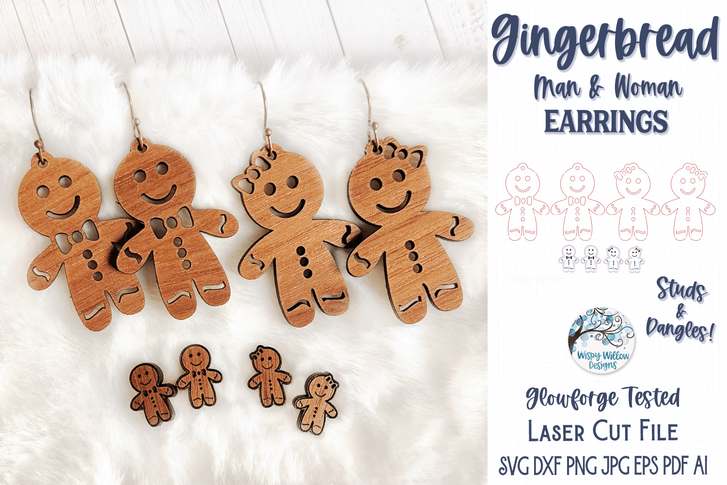 Gingerbread Man and Woman Earrings for Glowforge Laser Cutter SVG Wispy Willow Designs Company