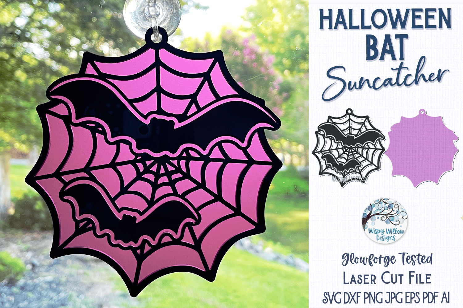 Halloween Bat Suncatcher for Glowforge Laser Cutter Wispy Willow Designs Company