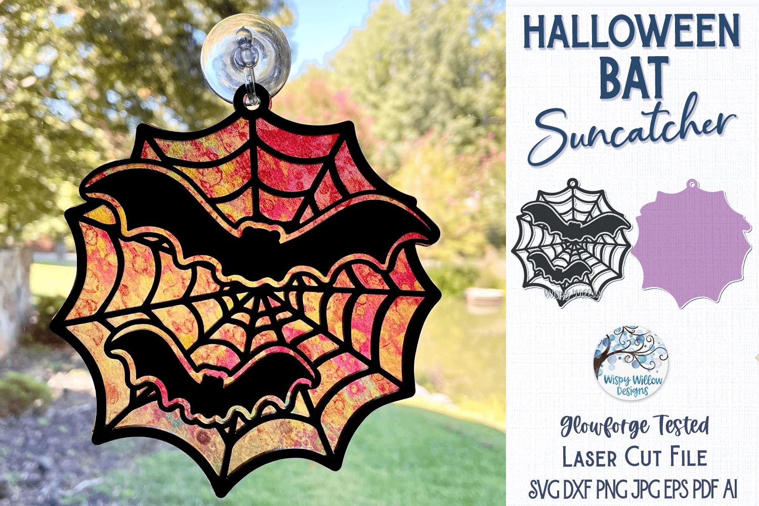 Halloween Bat Suncatcher for Glowforge Laser Cutter Wispy Willow Designs Company