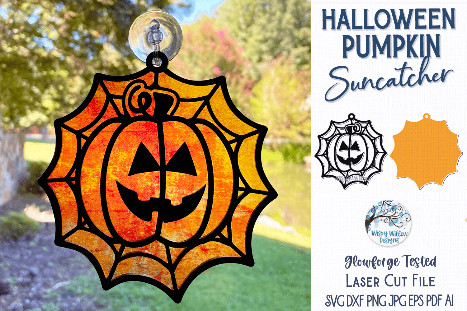 Halloween Pumpkin Suncatcher for Glowforge Laser Cutter Wispy Willow Designs Company