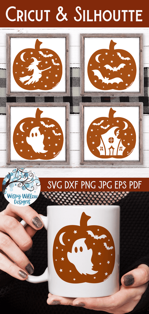 Halloween Pumpkin with Witch, Bats, Ghost, House SVG Bundle Wispy Willow Designs Company