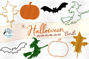 Halloween SVG Bundle | Witch Pumpkin Bat Scarecrow Silhouette and Outline Wispy Willow Designs Company