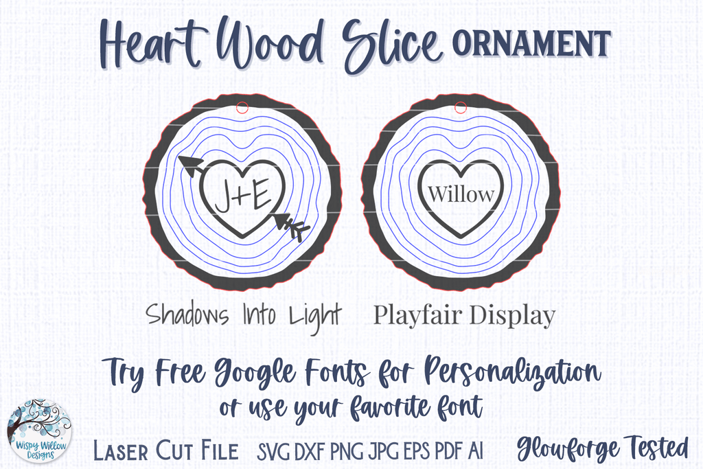 Heart Wood Slice Christmas Ornament for Glowforge or Laser Cutter Wispy Willow Designs Company
